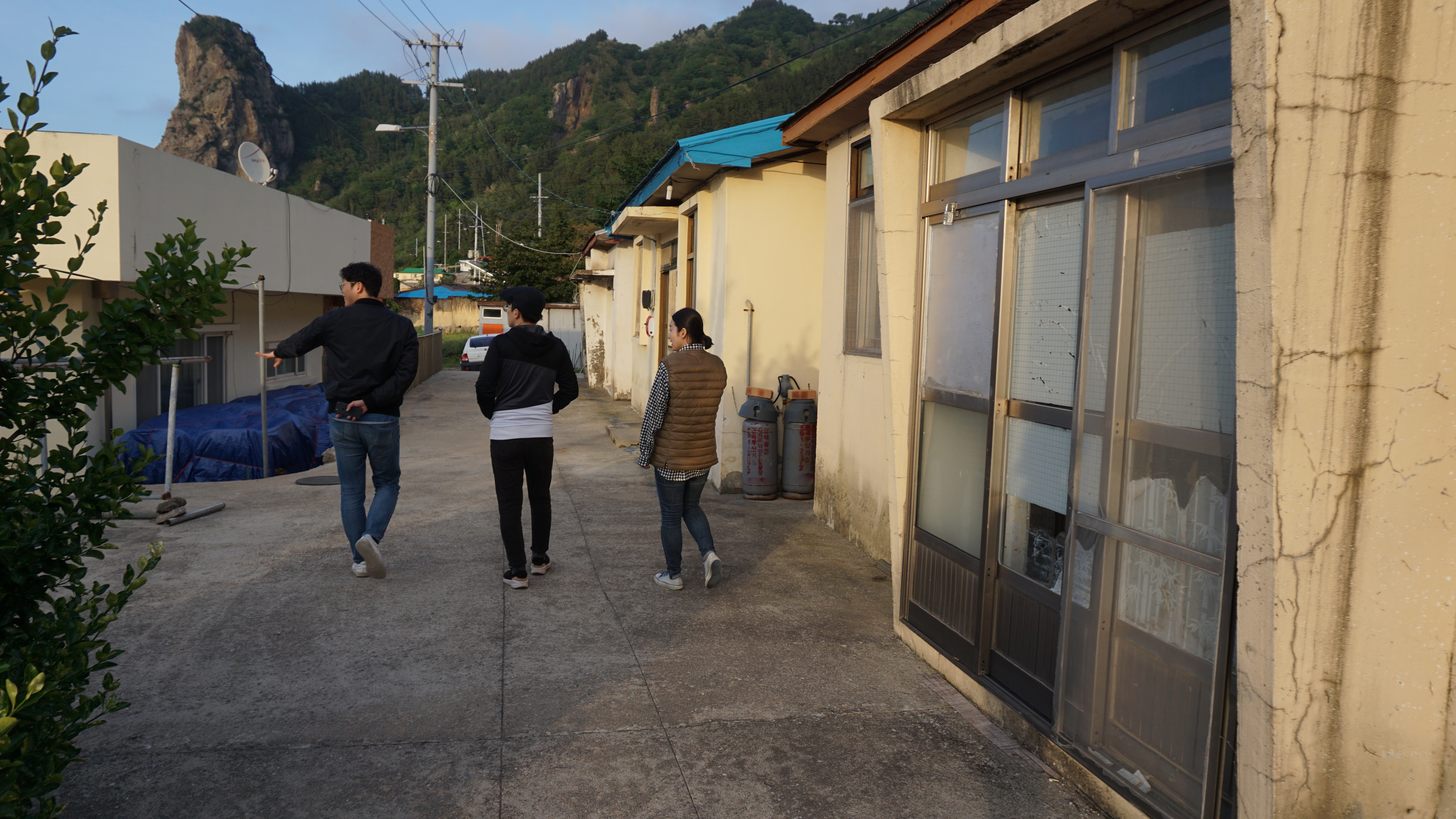 View across a green coastal village in Ulleungdo with harbor and rock formation in the distance