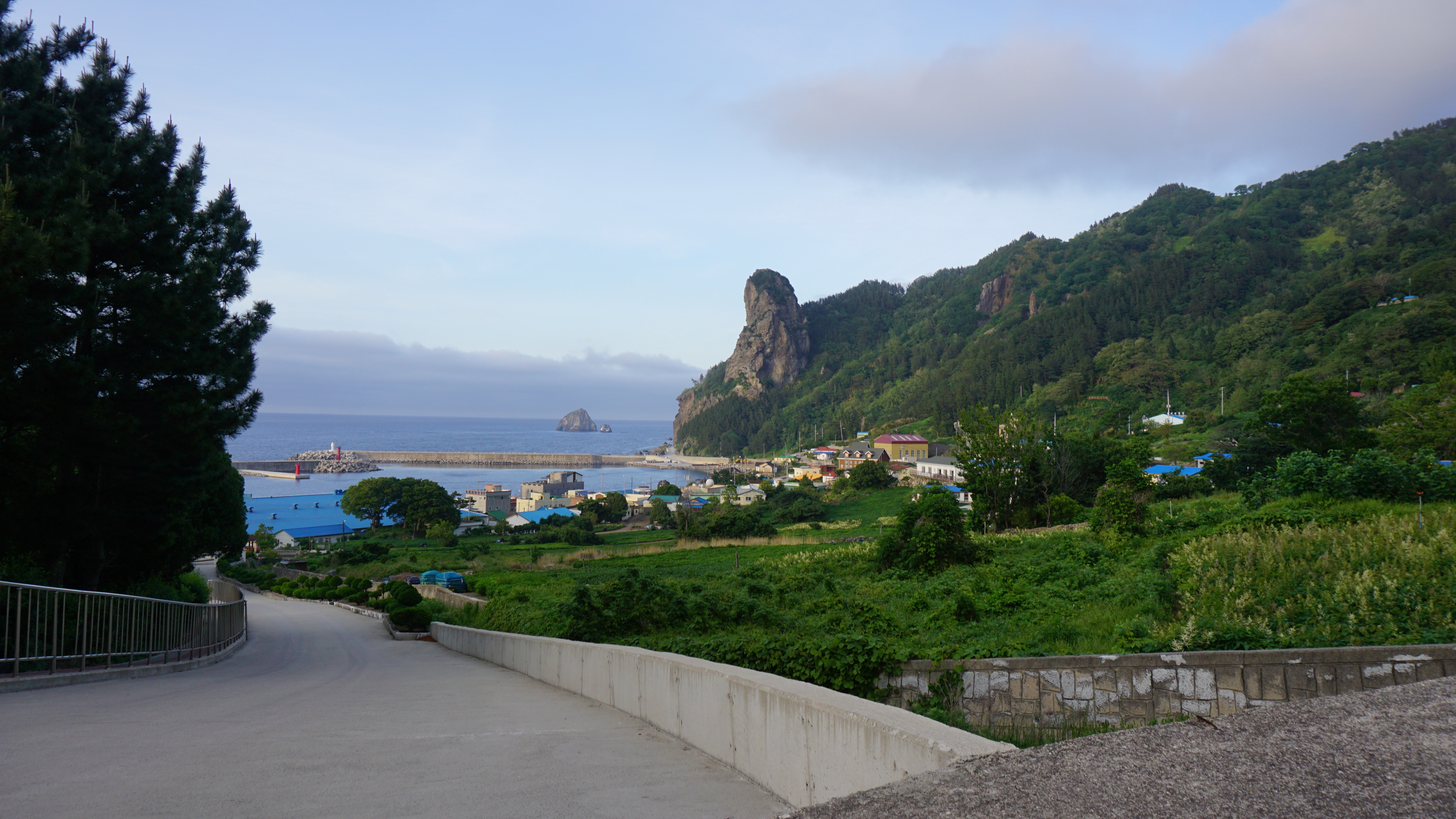 Researchers walking through a village lane in Ulleungdo during a field survey