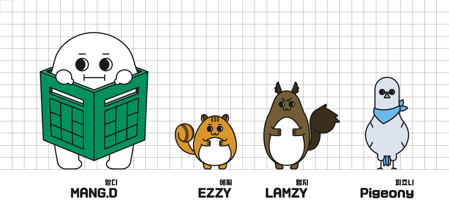 Character lineup for the Dangsan-gol neighborhood featuring Mang D, Ezzy, Lamzy, and Pigeony